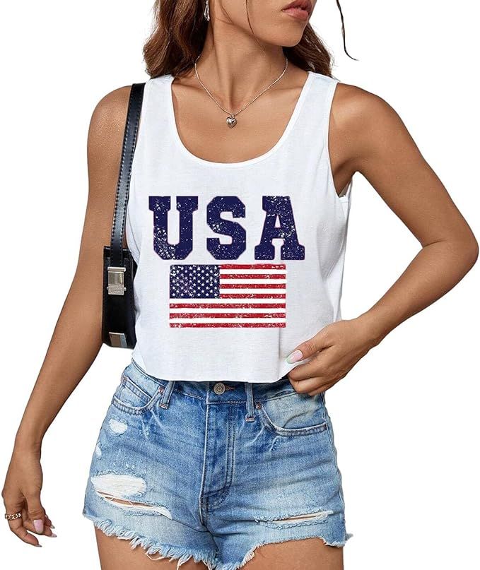 4th of July Crop Tops for Women Funny American Flag Shirts Tank Tops Outfits | Amazon (US)