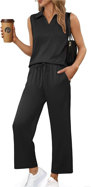 PINSPARK Two Piece Sets for Women Sleeveless Outfits Travel Tracksuit V Neck Top Wide Leg Pant Lo... | Amazon (US)