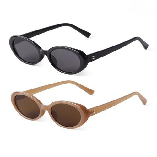 GIFIORE Tiny Oval Sunglasses for Women 90s Small Narrow Plastic Oval Frame Sun Glasses (2 Pack Black &amp; Brown) | Amazon (US)