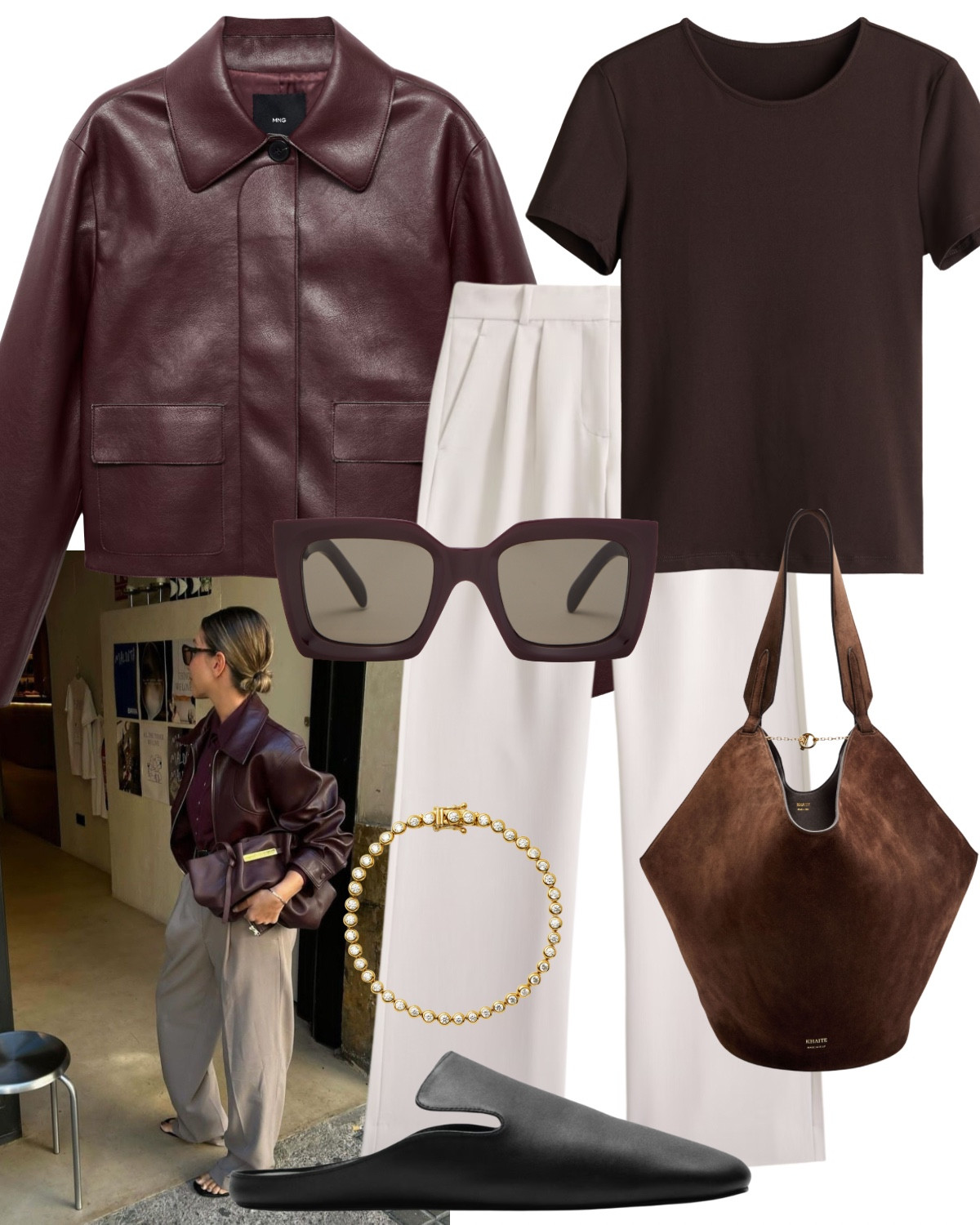 Purple leather jacket, brown t-shirt, white tailored trousers, brown suede bag, brown sunglasses, tennis bracelet, loafers

#LTKuk #LTKworkwear #LTKstyletip