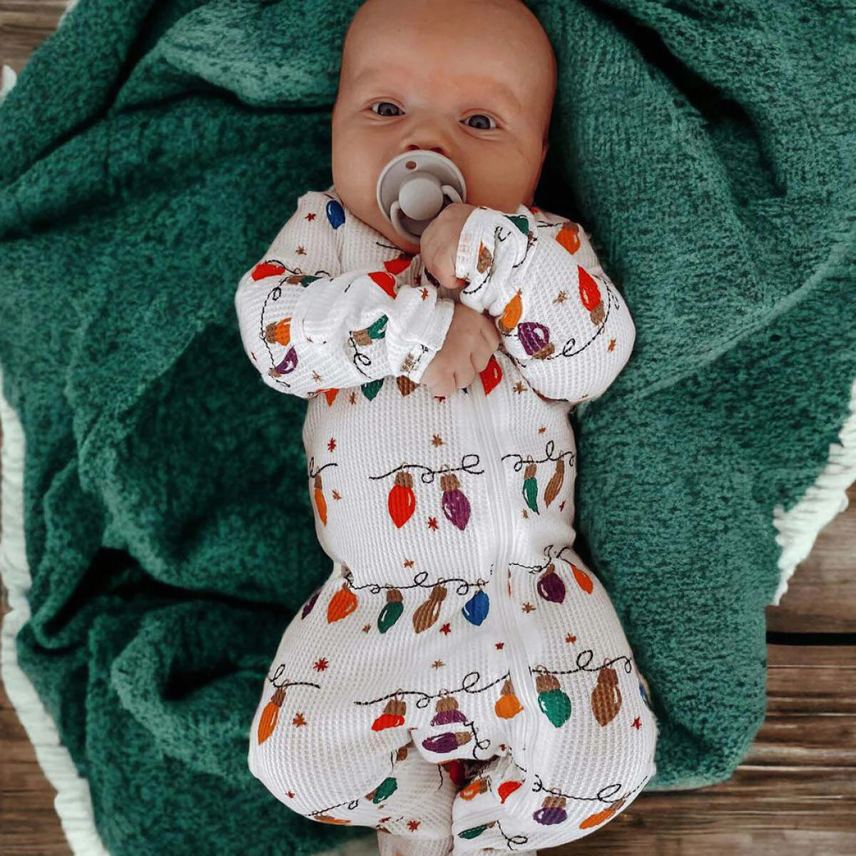 Organic Waffle Basic Zip Footie, Christmas Lights | SpearmintLOVE