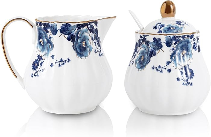 Agyiuns Ceramic Sugar and Creamer Set, 3 Piece with Cream Pitcher, Sugar Bowl with Lid and Spoon,... | Amazon (US)