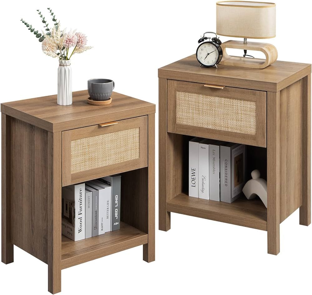 SICOTAS Rattan Nightstand Set of 2 - Farmhouse Night Stand with Drawer and Storage Shelf - Boho B... | Amazon (US)