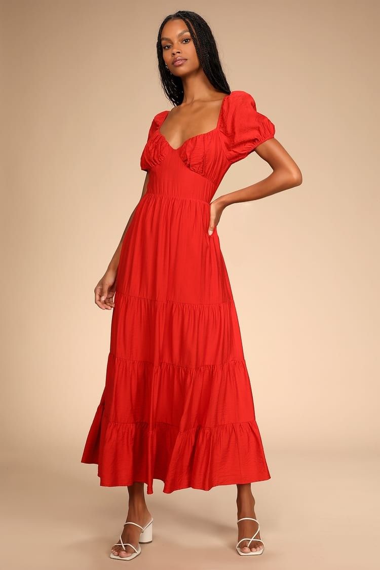 La Vita Bella Red Puff Sleeve Maxi Dress Red Dress Red Dresses Beach Resort Wear Spring Outfits | Lulus (US)