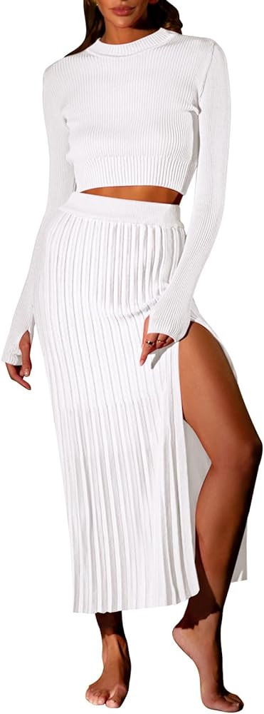 Duigluw Women 2 Piece Outfits Winter Long Sleeve Crop Top Bodycon Pleated Skirt Knit Sweater Dres... | Amazon (US)