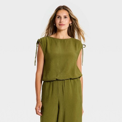 Women's Modern Gauze Side-Tie Top - A New Day™ Olive Green M | Target