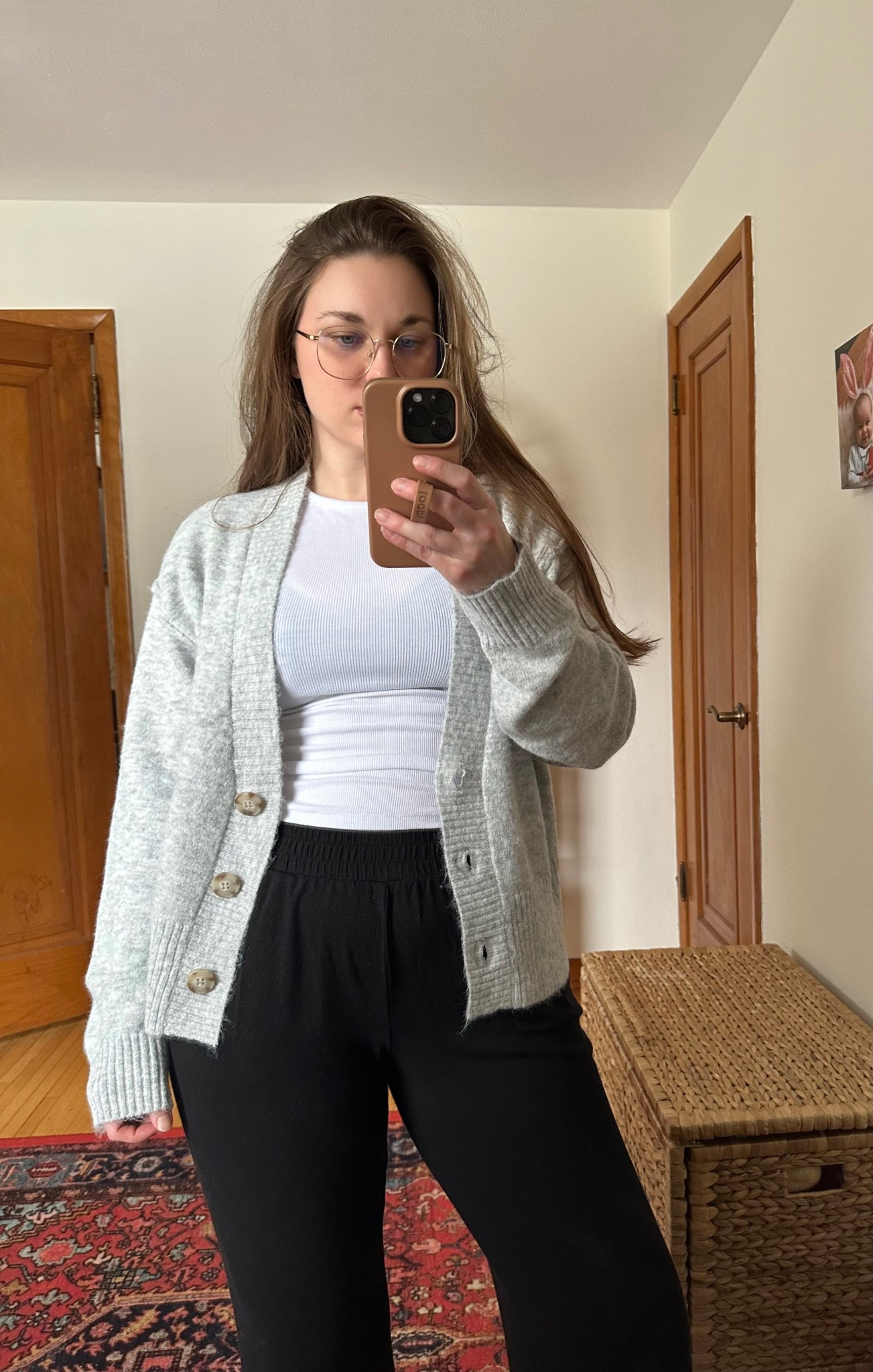 Lounge outfit, casual outfit 
Gray cardigan M
Ribbed tee S 
Black wide leg pants S 

#LTKStyleTip #LTKSeasonal #LTKFindsUnder100