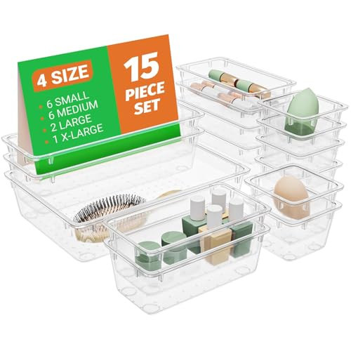 SpaceHacks 15 PCS Clear Plastic Drawer Organizer Set, 4-Size Acrylic Drawer Storage Trays, Storage Bins for Makeup, Gadgets, and Jewelry in Bathroom, Bedroom and Office, Clear | Amazon (US)