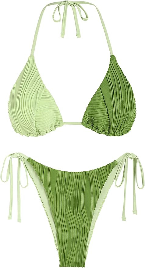 ZAFUL Bikini Sets for Women Halter Two Piece Swimsuit Ribbed High Cut Tie Side Thong Bathing Suit... | Amazon (US)