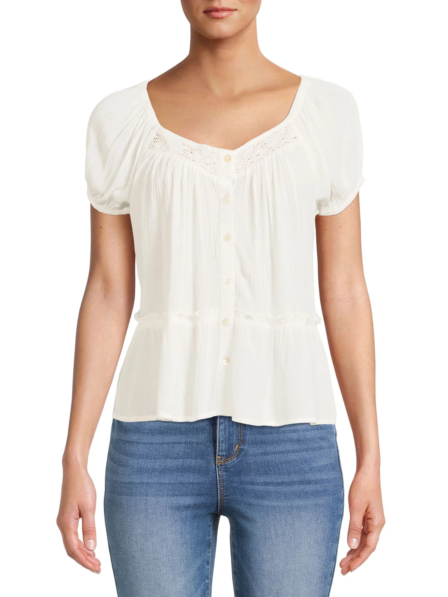 Derek Heart Juniors' Puff Sleeve Button Top With Crochet Trim | Walmart (US)