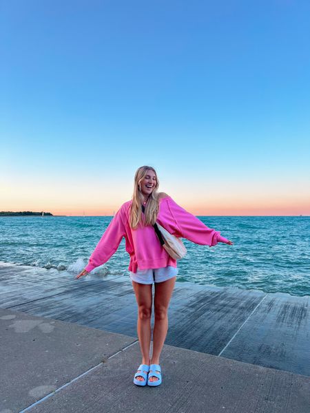 Cozy off the shoulder crewneck with sweat shorts for a little picnic by the lake 🥹🌊💞 American Eagle has such cute options recently, highly recommend! 

Hollister, Aerie, crocs, baggu, sunset, comfy ootd, comfy and cute

#LTKU #LTKSeasonal #LTKSaleAlert