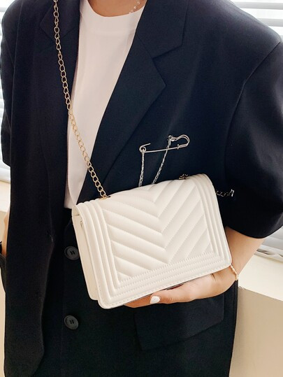 Chevron Flap Chain Crossbody Bag | SHEIN