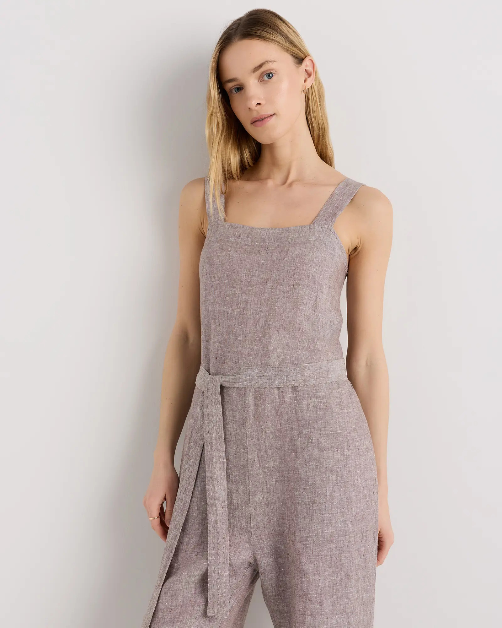 100% European Linen Square Neck Jumpsuit in Taupe Brown Chambray | Quince