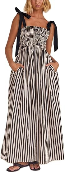 Vestidos de verano bohemios para mujer, 2025, fruncido, escalonados, para playa, con tirantes y h... | Amazon (US)