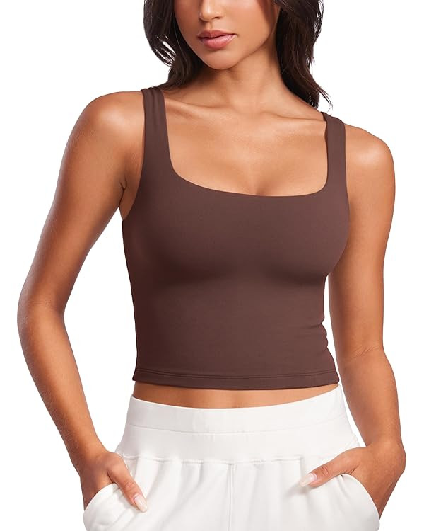 CRZ YOGA Womens Butterluxe Double Lined Square Neck Tight Tank Tops Sleeveless Workout Cropped Ca... | Amazon (US)