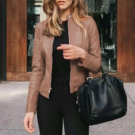 Women Faux Leather Jacket Women s Zip Up Motorcycle Short PU Moto Biker Outwear Fitted Slim Coat Tops | Walmart (US)