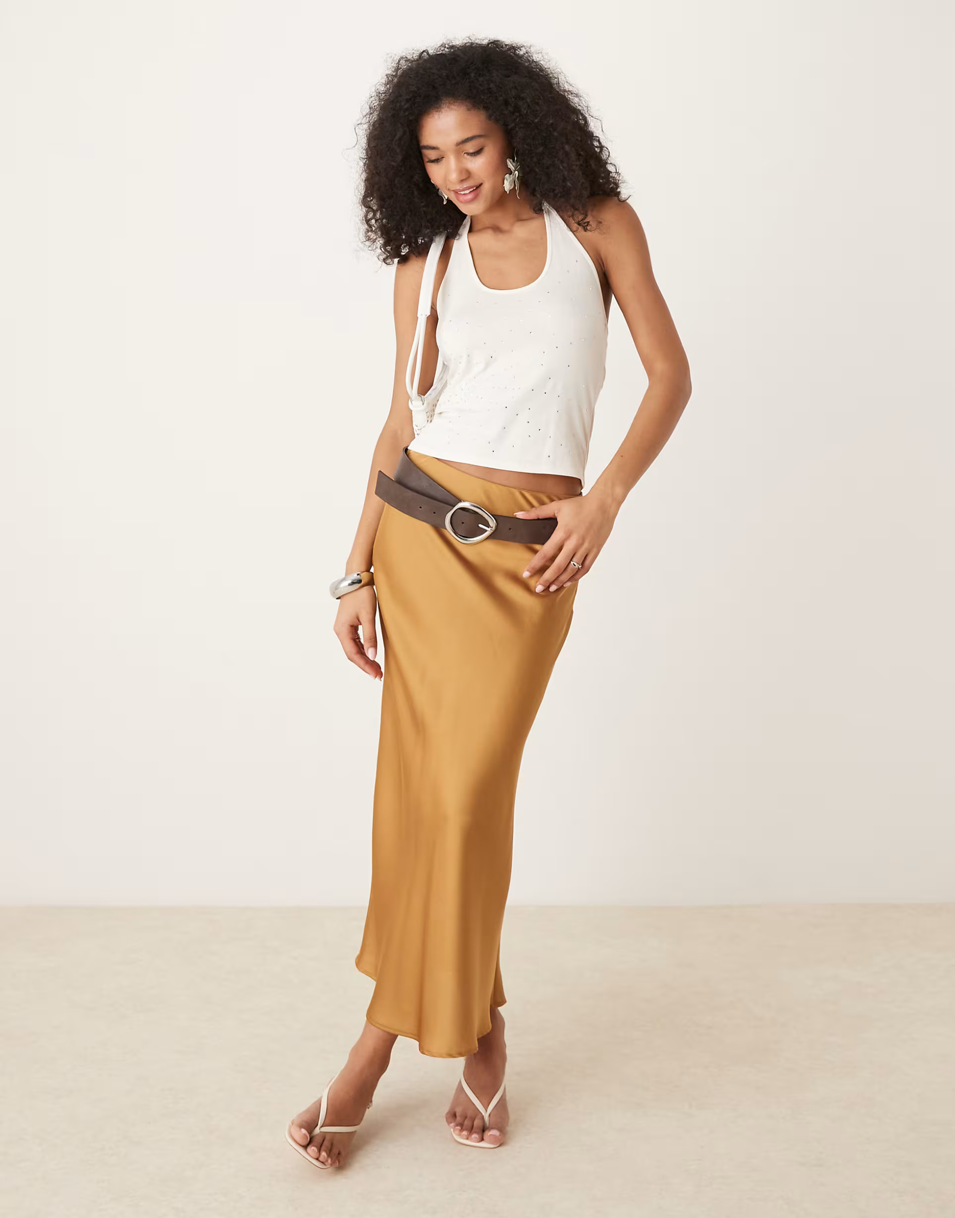 VILA satin maxi skirt in light brown | ASOS (Global)