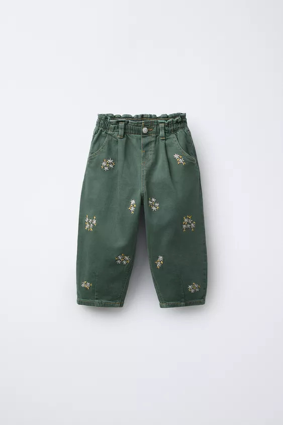 EMBROIDERED FLORAL TWILL BALLOON PANTS | Zara US