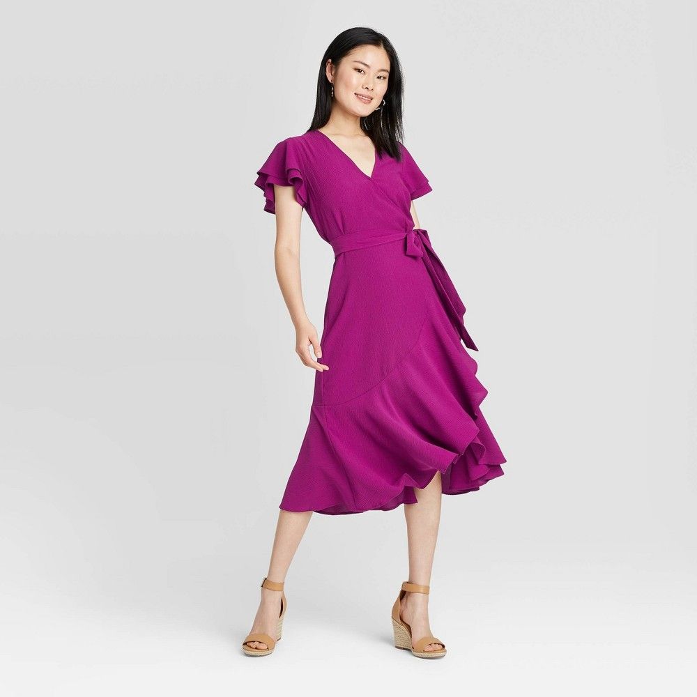 Women's Ruffle Short Sleeve Wrap Dress - A New Day Purple XS | Target