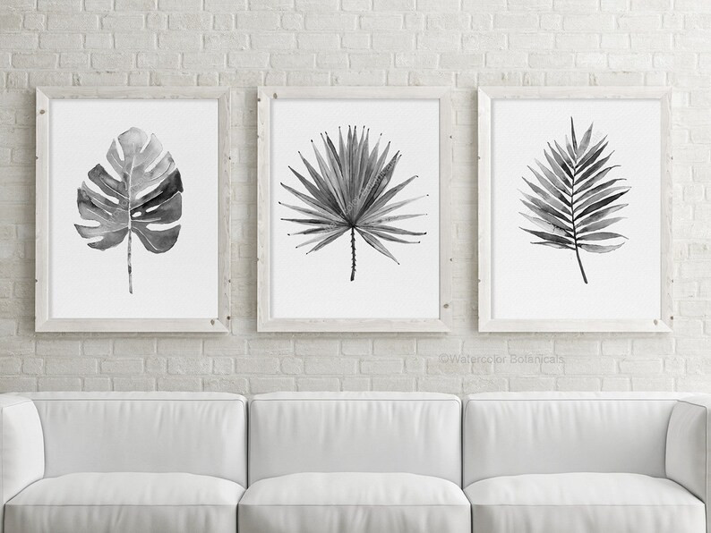 Tropical Watercolor Leaves Monstera Deliciosa Fan Palm Leaf Set 3 Prints Exotic Gray Black Modern... | Etsy (US)
