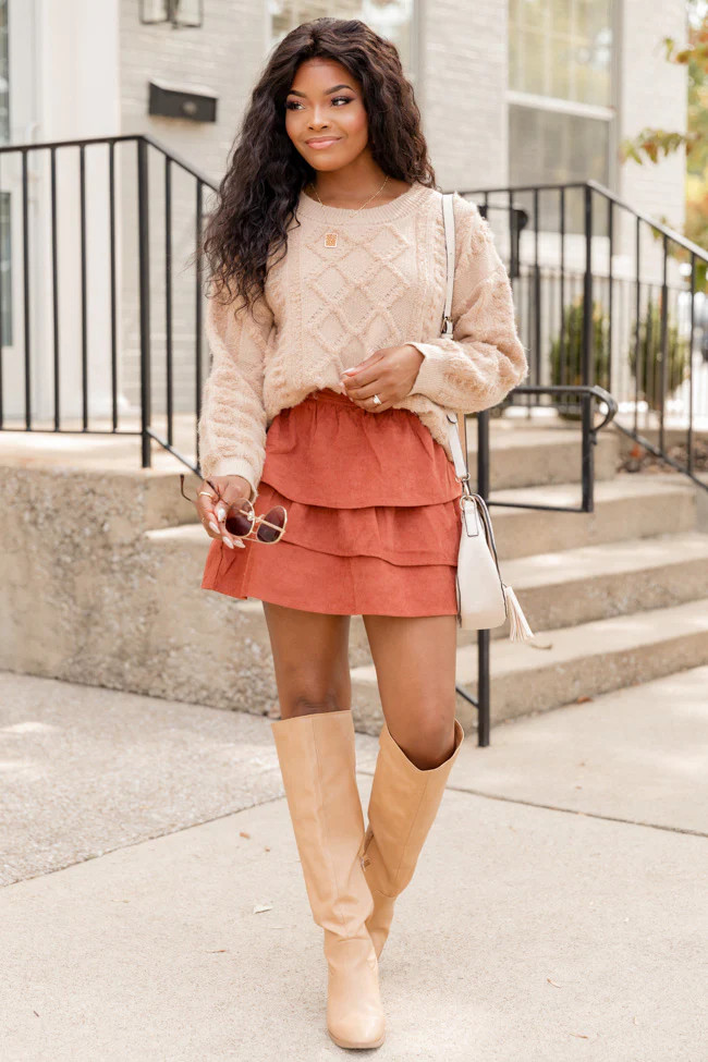Give It Up Rust Cord Tiered Mini Skirt FINAL SALE | Pink Lily