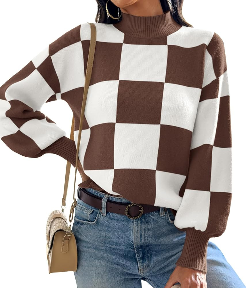 ATHMILE Womens Fashion Turtleneck Sweater Long Sleeve Plaid Ribbed Knit Loose Pullover Tops Trend... | Amazon (US)