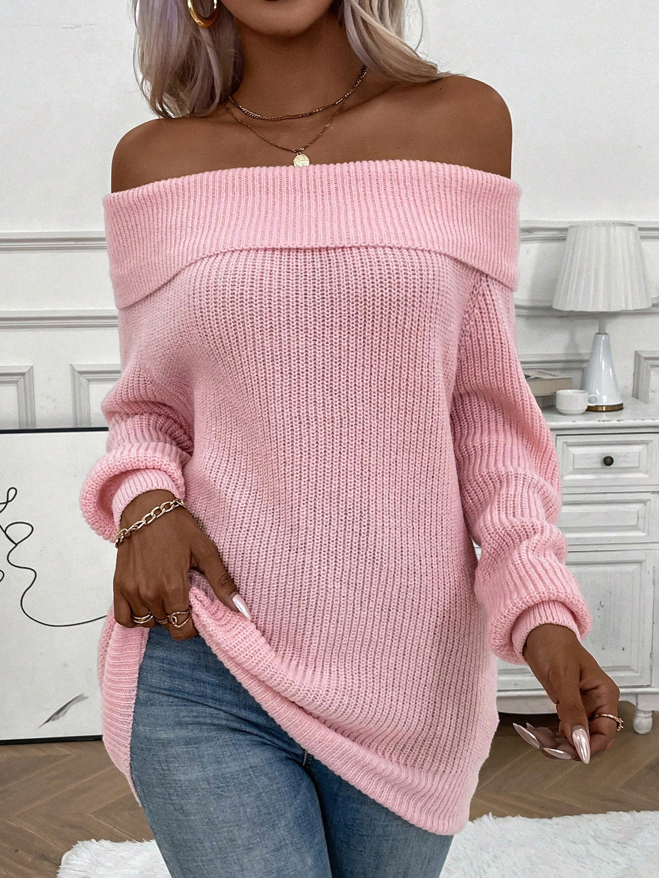 SHEIN LUNE Foldover Off Shoulder Ribbed Knit Sweater | SHEIN