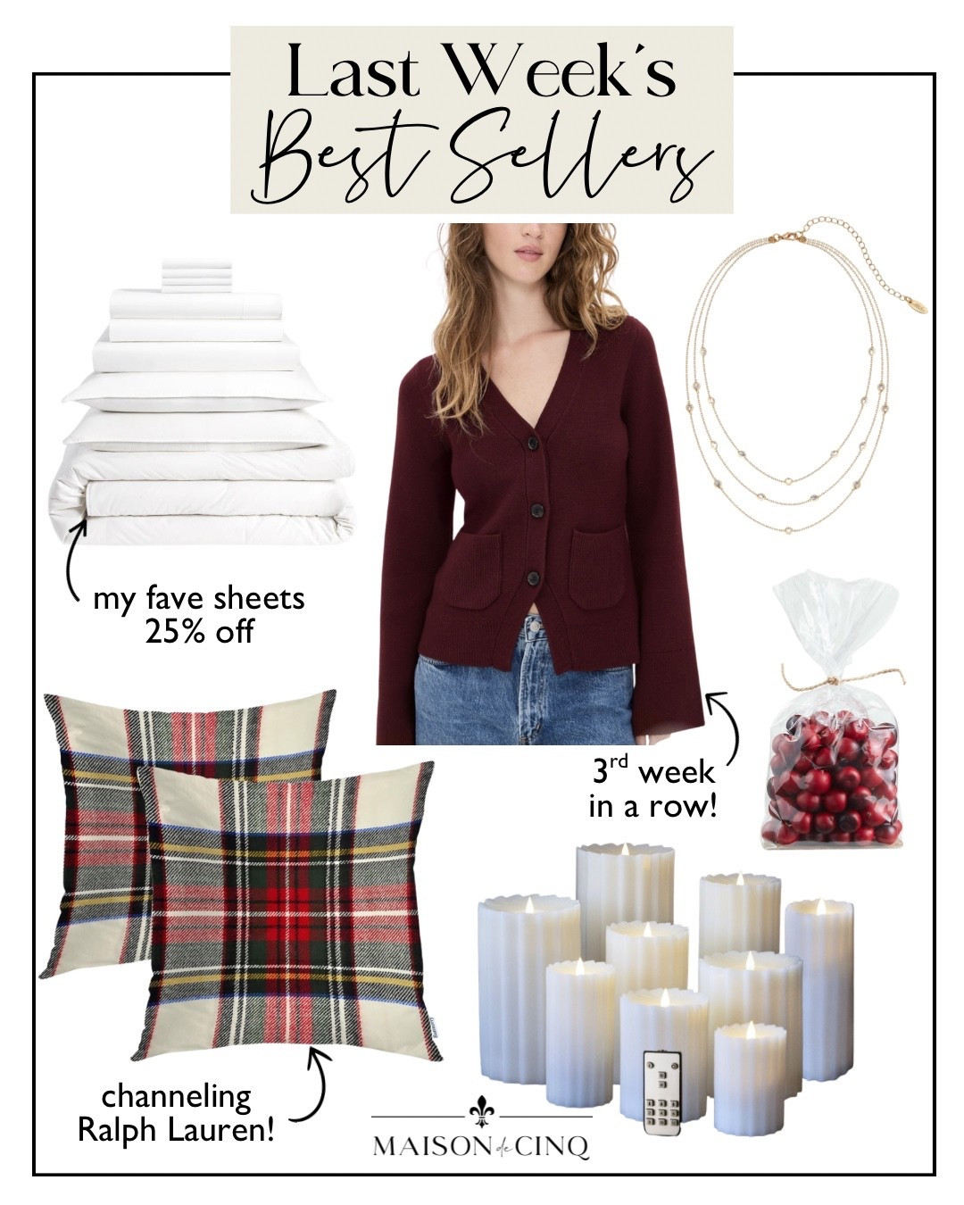 Last week’s best sellers include Ralph Lauren-inspired pillows,  a gorgeous sweater, my fave sheets on sale and more!

Home decor, Christmas decor, holiday outfit, holiday decor, fall fashion, fall sweater, necklace, jewelry, gifts for her, gifts for women 

#LTKHome #LTKHoliday #LTKSaleAlert