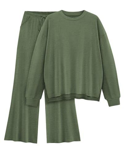 AmazingStar Womens Lounge Set 2025 Fall 2 Piece Outfits Long Sleeve Tops Wide Leg Long Pants Cozy Matching Sets Clothing(Green, L) | Amazon (US)