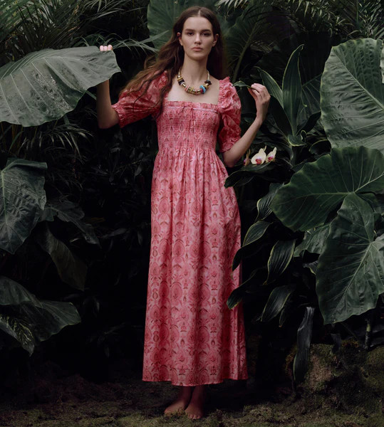 The Scarlett Midi Nap Dress - Pink Palm Ikat | Hill House Home US