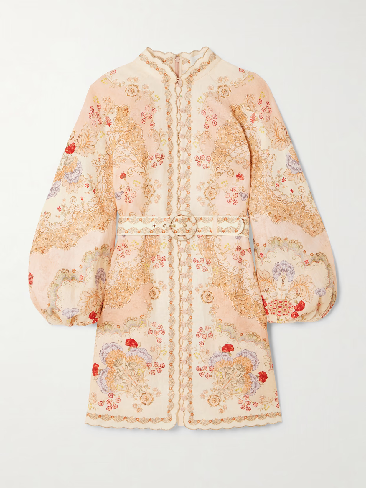 Zimmermann - Daylight Belted Scalloped Printed Linen Mini Dress - Brown | NET-A-PORTER (US)