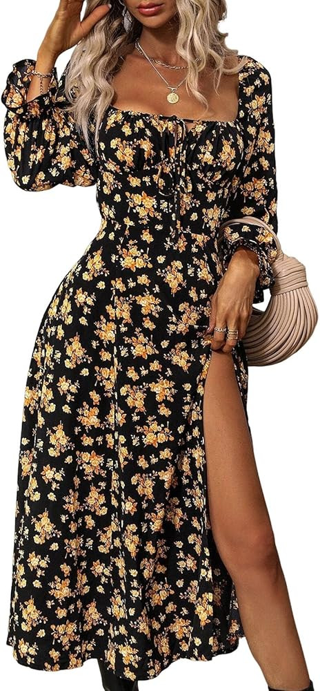 BLENCOT Women's Floral Print Puff Long Sleeve Maxi Dress Sexy Square Neck Tie Front Ruffle Hem Sp... | Amazon (US)