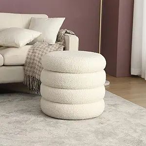 JIRAIN Round Storage Ottoman Boucle Fabric, Large Vanity Stool Footstool with Stripe Line, White ... | Amazon (US)