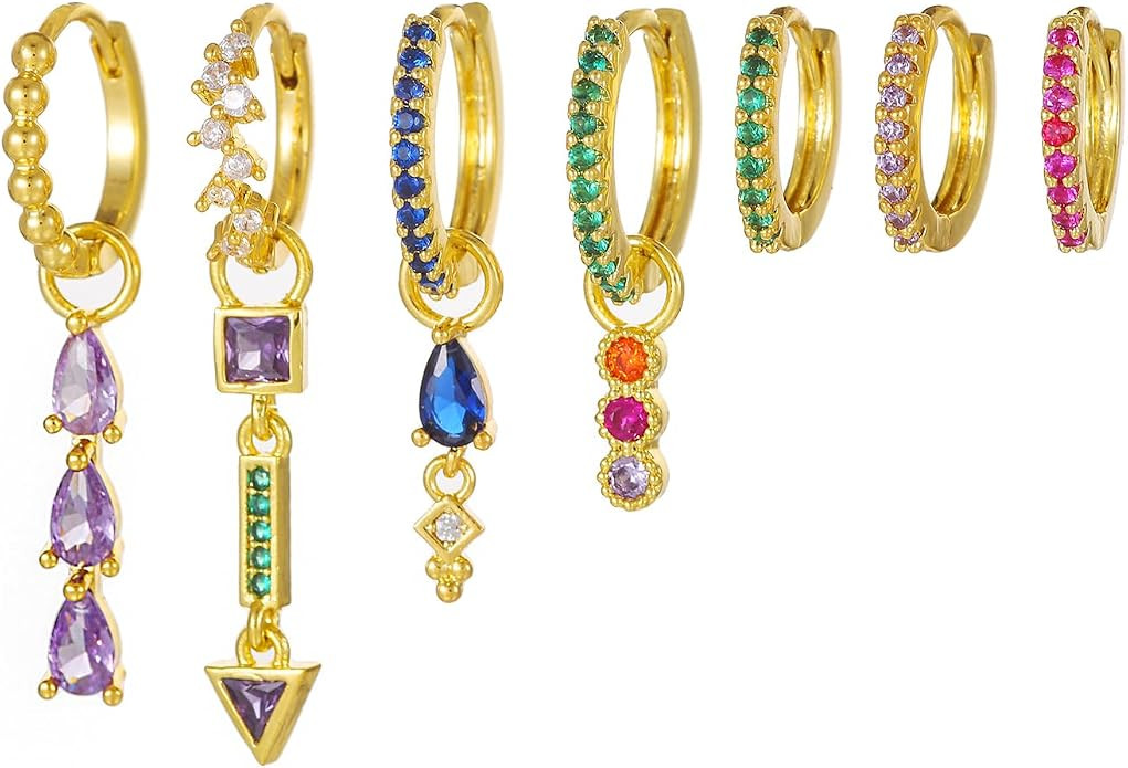 Zircon Hoop Earring Stacks Dainty Colorful Cubic Huggie Cartilage Stud Earring Sets Multiple Pier... | Amazon (US)