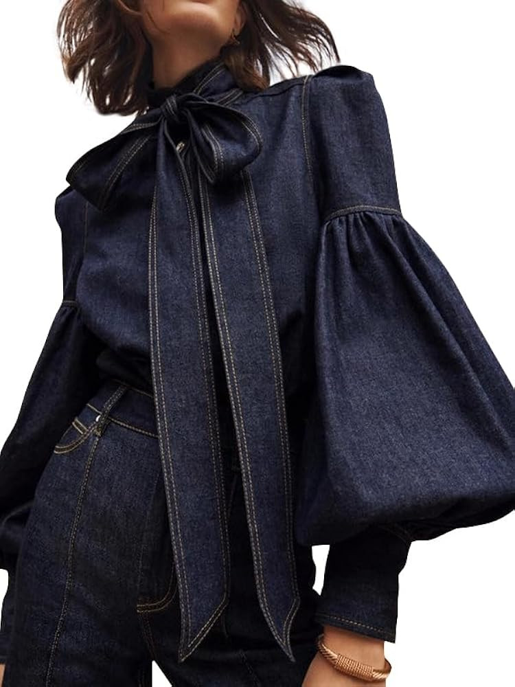 Womens Denim Blouse Pullover Bow Embellished Long Puff Sleeve Jean Buttoned Vintage Shirts Tops | Amazon (US)