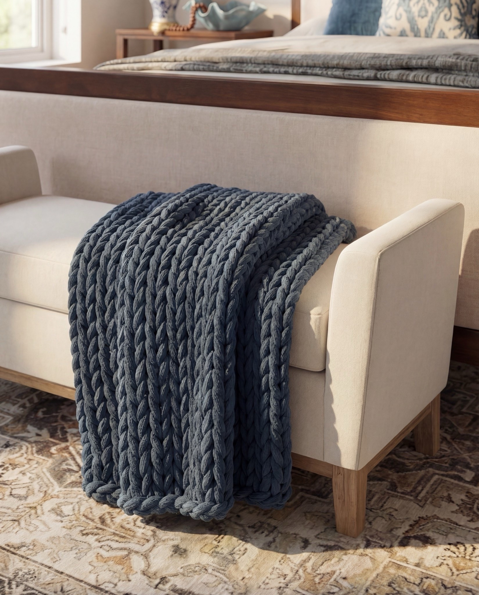 Bedroom Refresh : Shop The Look.
• Warm wood platform bed with upholstered headboard
• White bedding with layered neutral + blue pillows
• Chunky knit blue throw blanket
• Upholstered bench at the foot of the bed
• Matching warm-wood nightstands
• Blue décor bowls (nightstand styling)
• Bead décor strand
• Floral framed artwork pair above nightstands
• Blue ceramic table lamps
• Neutral patterned area rug
• Floral ceiling wallpaper (blue + white palette)

#LTKHome #LTKSaleAlert