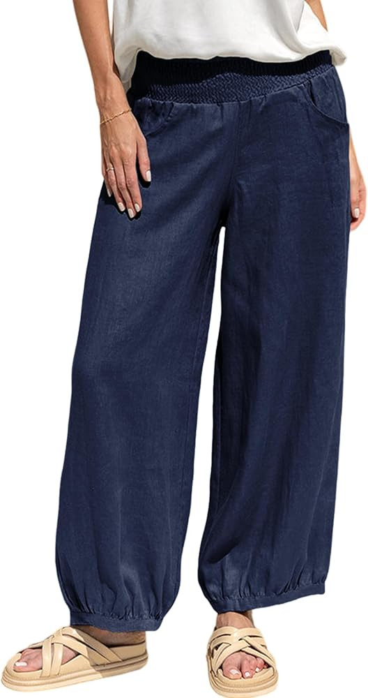 Xiaoxuemeng Womens Wide Leg Pants Cotton Linen Barrel Pants Elastic Waisted Lounge Trousers with ... | Amazon (US)