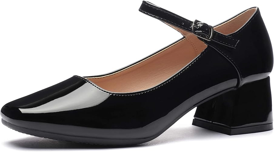 CINAK Women's Mary Jane Casual Pumps-Classic One Bar Straps Patent Heels Office Ladies Shoes | Amazon (US)