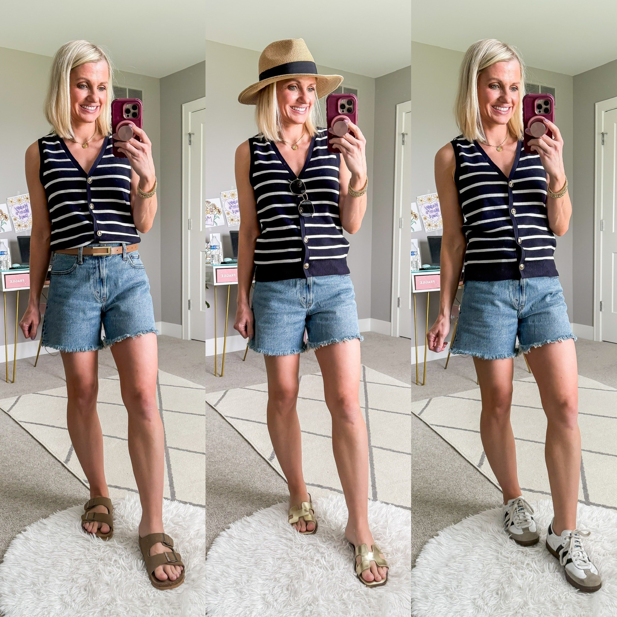 Summer capsule wardrobe outfits with a striped vest and jean shorts  

#LTKSeasonal #LTKOver40 #LTKStyleTip