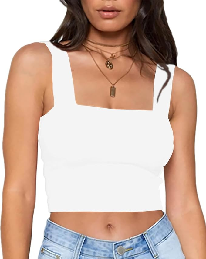 Basic Tank Top for Women Double Layer Crop Tops Sleeveless Sexy Square Neck Workout Exercise Summ... | Amazon (US)