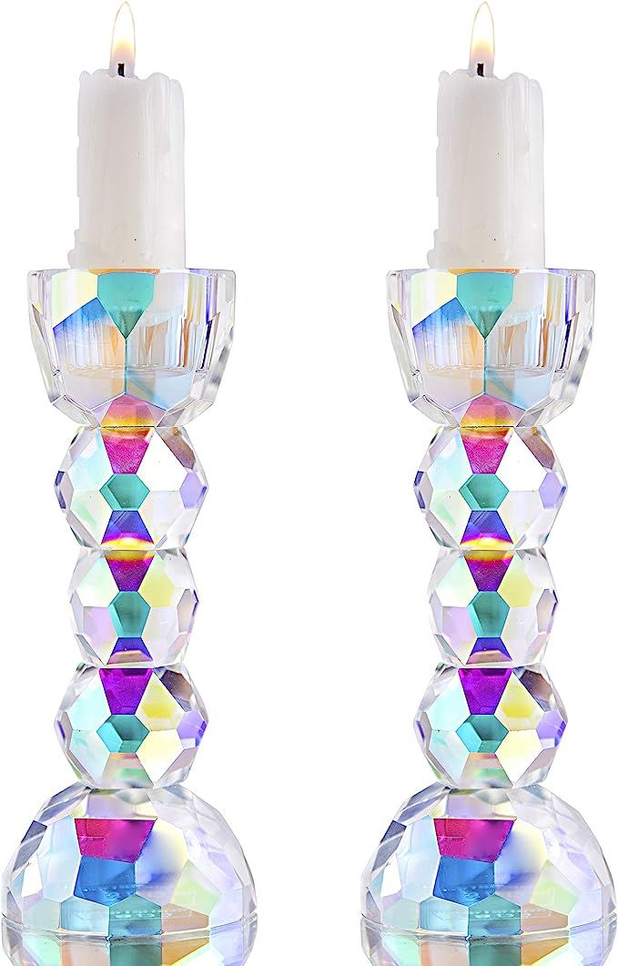2 Pack Crystal Glass Candle Holder Candlesticks Dinner Table Christmas Decor for Home (Colorful) | Amazon (US)