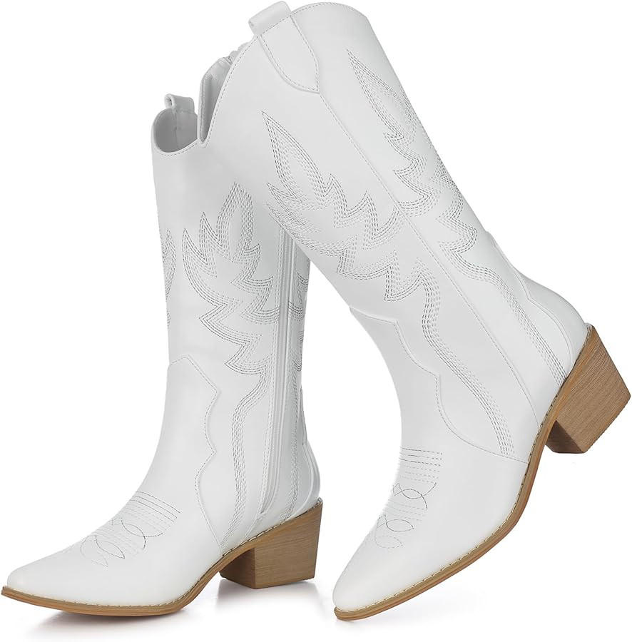 SHIBEVER Cowboy Boots for Women Mid: Black Wide Calf Cowgirl Boots Western Embroidered Country Hi... | Amazon (US)