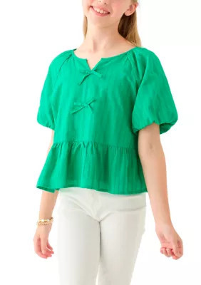 Crown & Ivy Girls 7-16 Bow Front Puff Sleeve Babydoll Top, Green, Small | Belk