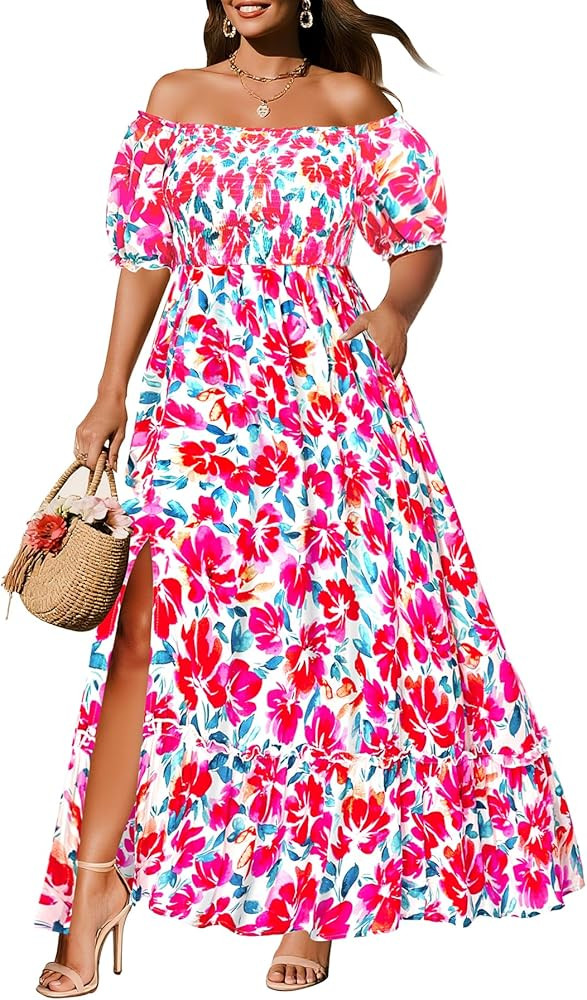 Plus Size Summer Dresses Sun - Maxi Boho Casual Off Shoulder Floral Lace Long Dress with Pockets | Amazon (US)