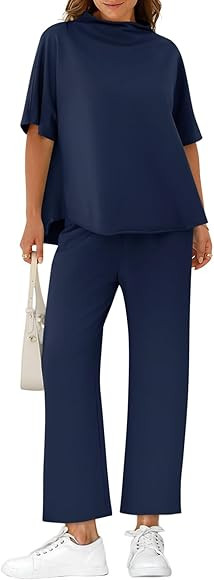 Yousify Women's Lounge Set 3/4 Batwing Sleeve Capelet Crew Neck Pullover Top Wide Leg Pants Two P... | Amazon (US)