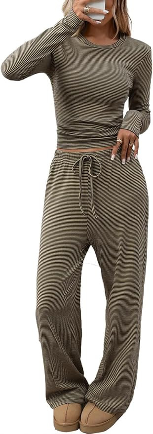 CHYRII Womens Two Piece Sets Fall Fashion Striped Long Sleeve Tops Wide Leg Palazzo Pants Outfits... | Amazon (US)