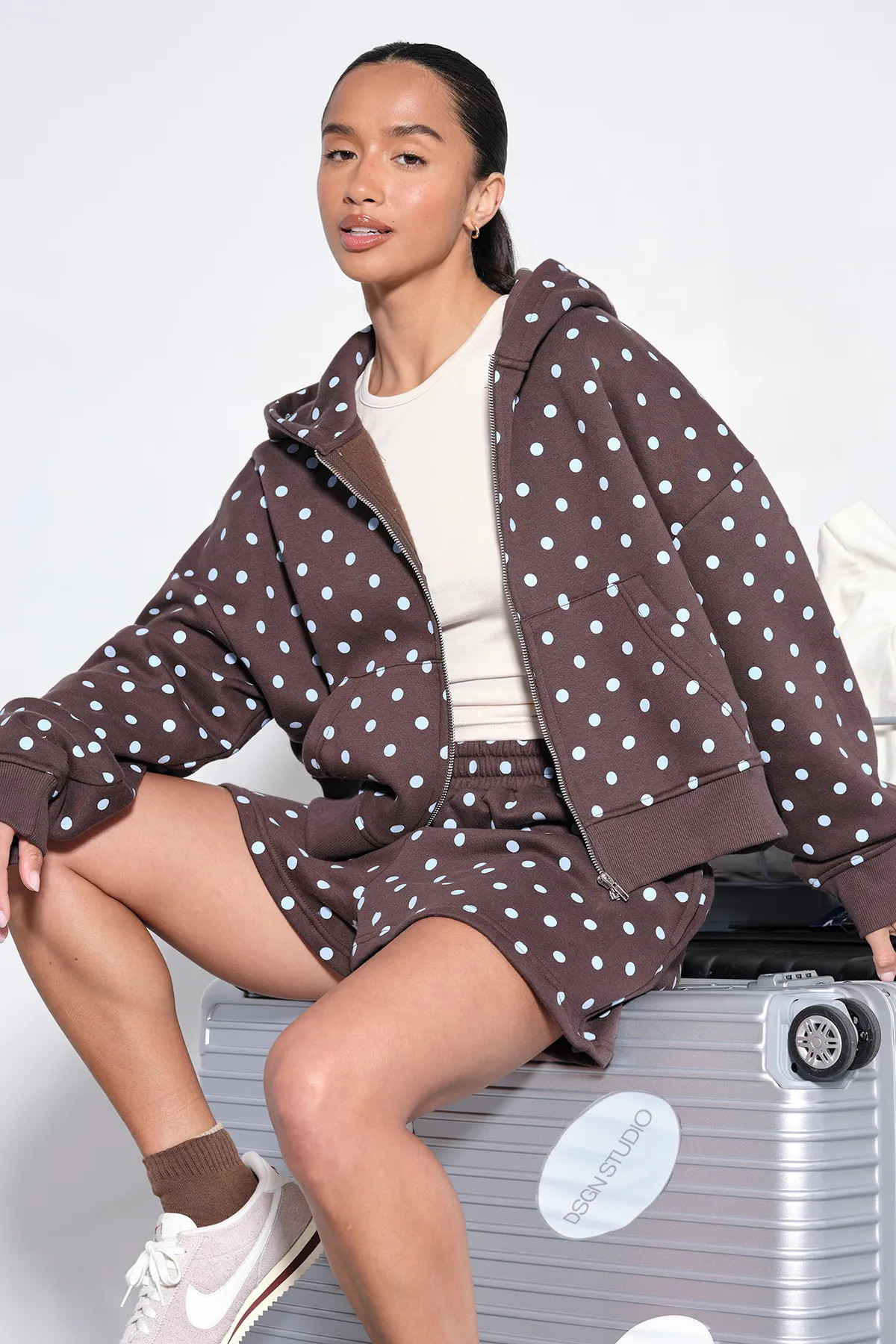 Chocolate Polka Dot Boxy Zip Through Crop Hoodie | Boohoo | Boohoo.com (UK & IE)