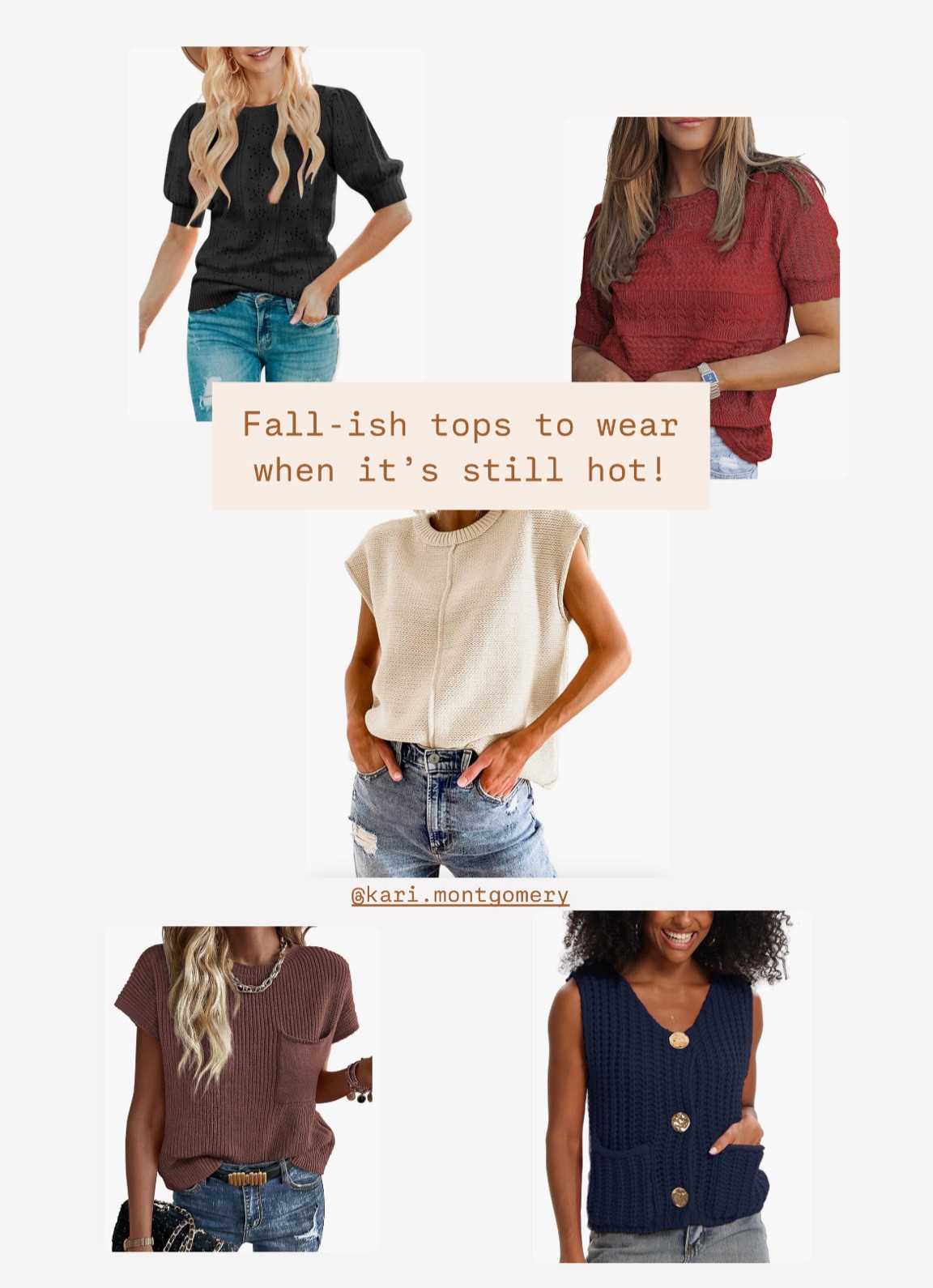 Short sleeve sweater tops blouses vests for fall when it’s hot. 
All under $33

Amazon style
Teacher outfit 
Fall outfit


#LTKSeasonal #LTKOver40 #LTKWorkwear