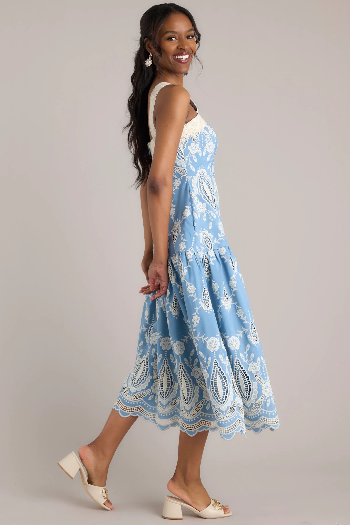 Forever Remembered Ash Blue Floral Embroidered Midi Dress | Red Dress