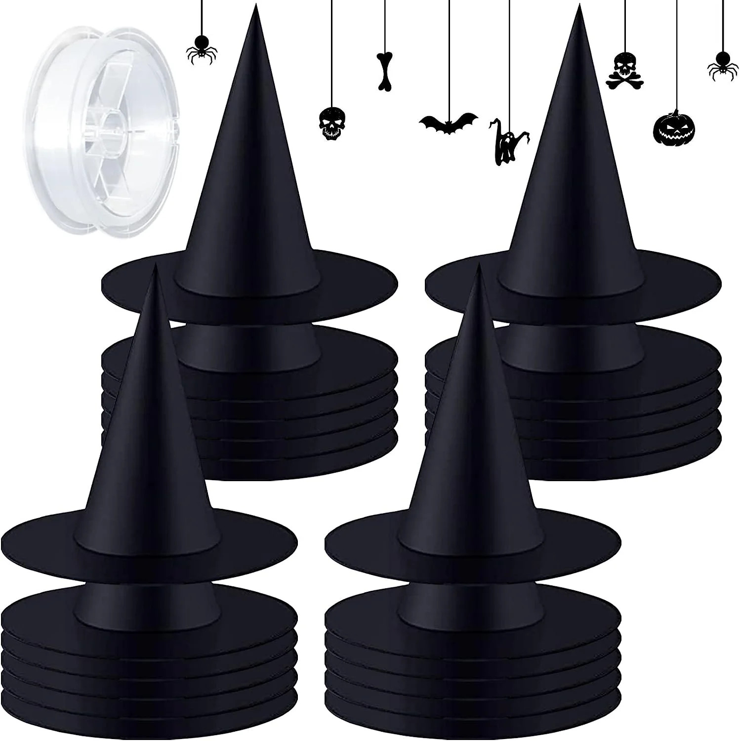 ZeeDix 24 Pcs 15Inch Halloween Black Witch Hats Caps with 98 Feet Rope,Adults and Kids Hanging Pa... | Walmart (US)